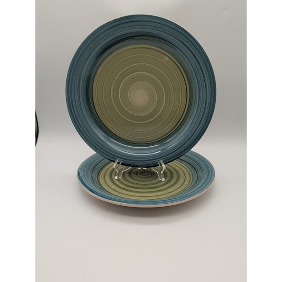 Pier 1 VALENCIA SWIRL 10.5" Dinner Plates Green Swirl Blue Rim 2 Plates  PER118 - Picture 1 of 4